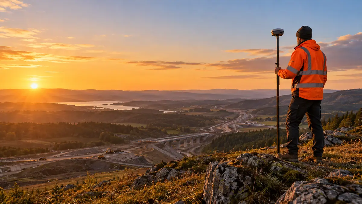 Land surveyor with a GNSS RTK receiver on a ridge at sunrise