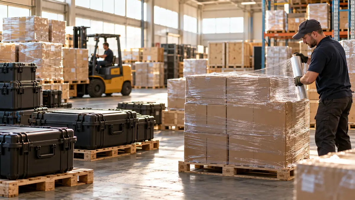 Export cartons and rugged instrument cases on pallets